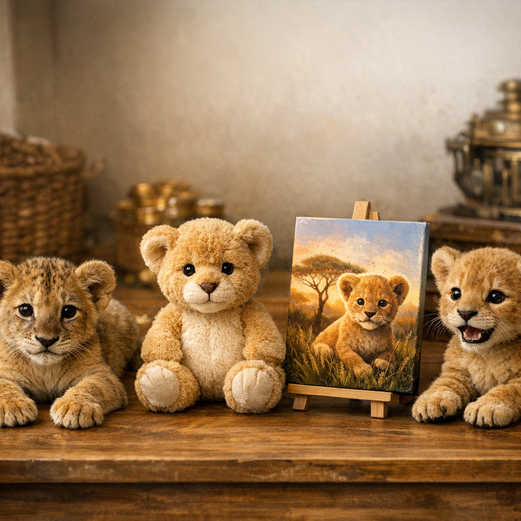Comparer les prix : lionceau réel, peluche, livre, toile ou automate bébé lion