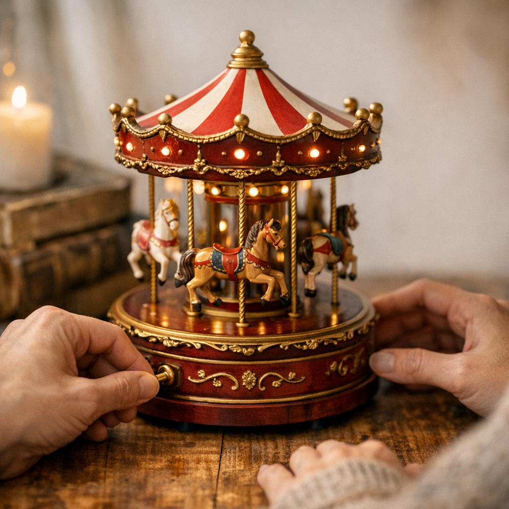 Fonctionnement du carrousel lumineux et musical : remonter, écouter, observer