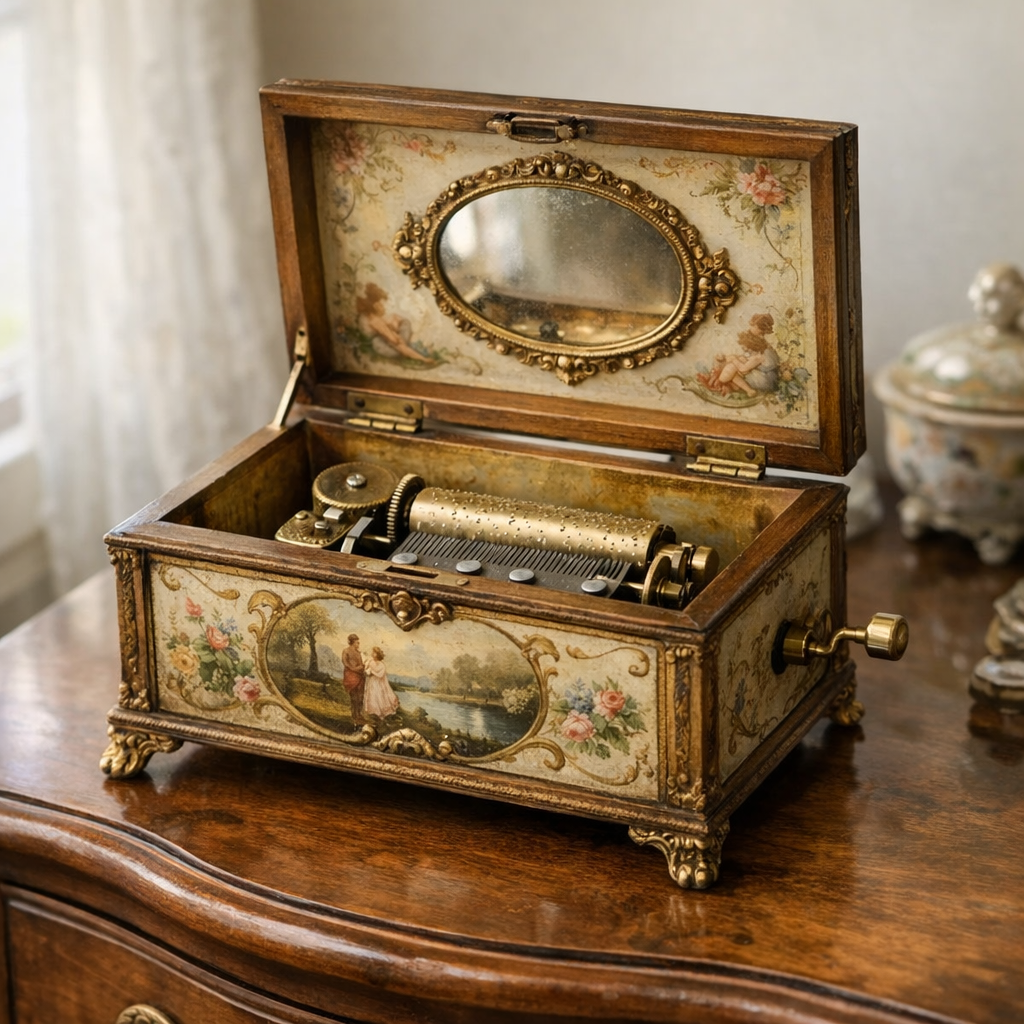 Une boîte musicale vintage décorative se lit par ses indices