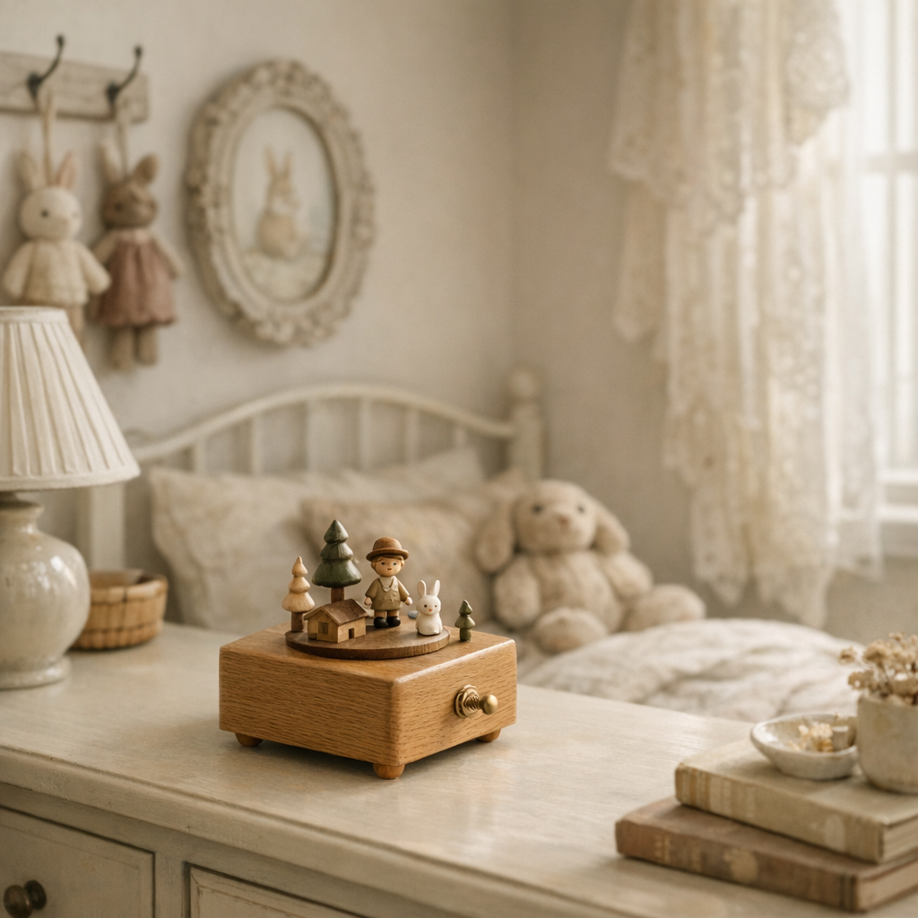 Une déco de chambre avec boîte à musique apaise sans encombrer