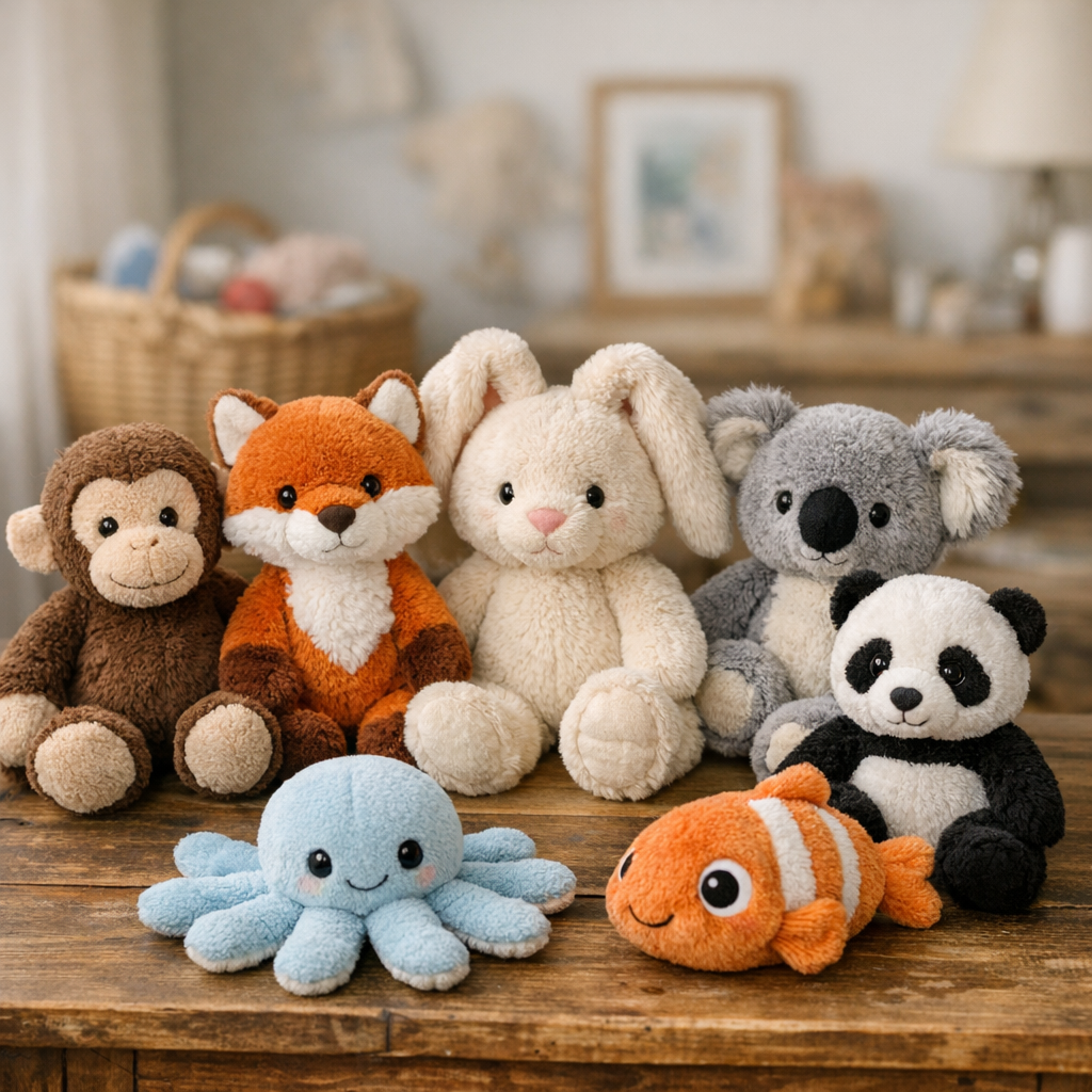 Noms de doudous par animal : singe, renard, lapin, koala, panda, pieuvre et poisson